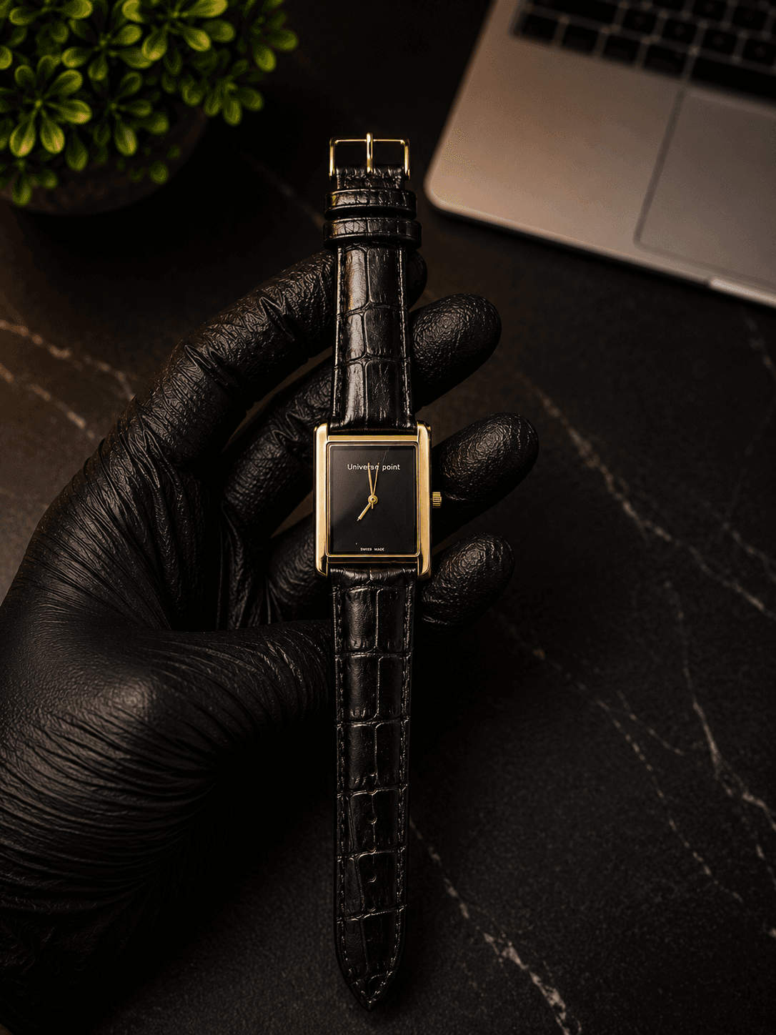 Universe Point Black Dial Leather Strap Watch – Gold Case | Minimalist Rectangular Men's Watch