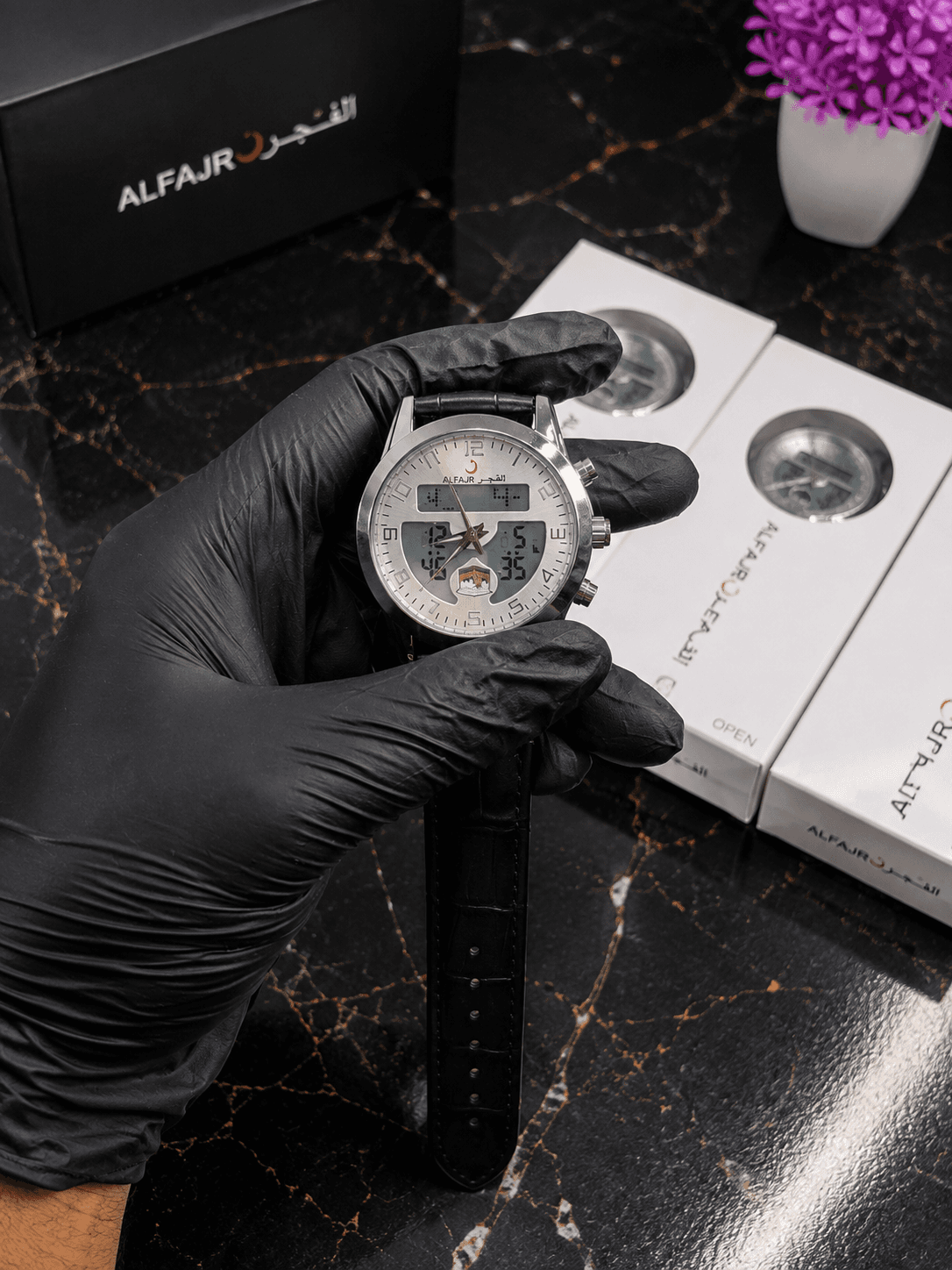 ALFAJR Analog Digital Watch – Black Leather Strap | Arabic Dial | Dual Display | Premium Men’s Watch