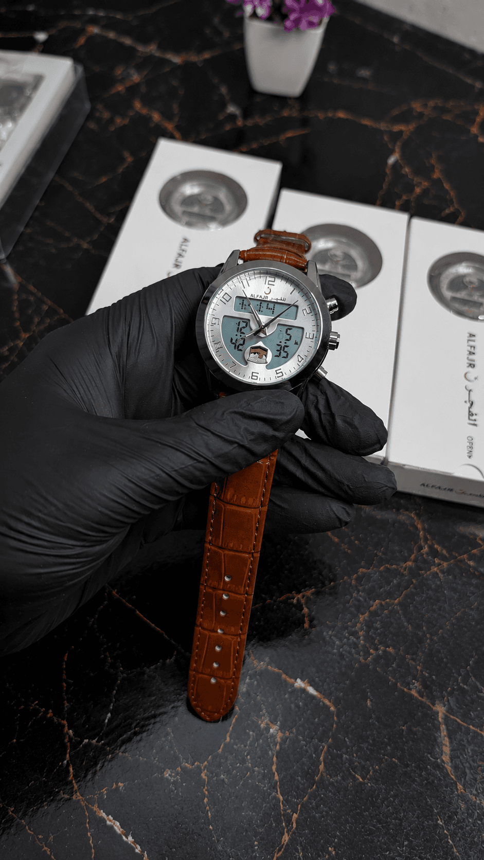 ALFAJR Analog Digital Watch – Brown Leather Strap | Arabic Dial | Dual Display | Premium Men’s Watch